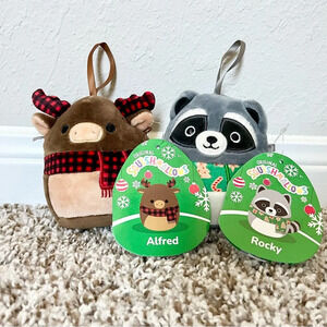 NWT SQUISHMALLOW set of two holiday ornament Rocky Raccoon Alfred Moose Reindeer